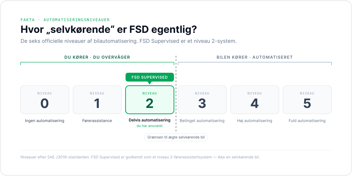 De seks SAE-niveauer af bilautomatisering, hvor FSD Supervised er markeret på niveau 2 — i zonen hvor føreren stadig kører og overvåger.
